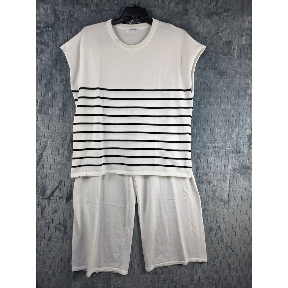 Ekouaer Womens 2XL White Black Striped Knit Lounge Set Sleeveless Top Wide Pants